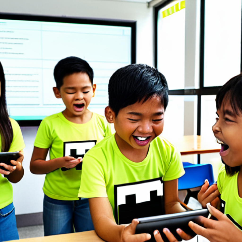 A group of Malaysian children excitedly playing a Minecraft-style educational game on tablets in a bright, modern classroom. The game features recognizable Malaysian landmarks and cultural elements, with AI interfaces adapting the gameplay to individual learning levels. Focus on the expressions of joy and engagement.