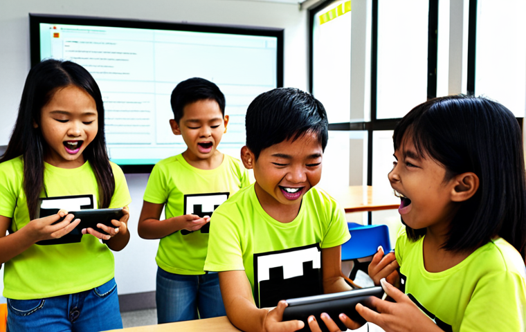 A group of Malaysian children excitedly playing a Minecraft-style educational game on tablets in a bright, modern classroom. The game features recognizable Malaysian landmarks and cultural elements, with AI interfaces adapting the gameplay to individual learning levels. Focus on the expressions of joy and engagement.