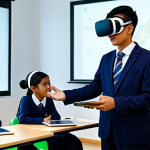 A diverse group of Malaysian students, fully clothed in modest school uniforms, actively engaged in a modern, well-lit digital classroom. One student wears a VR headset, experiencing a simulated historical event from the Melaka Sultanate with holographic traders and royal ceremonies visible around them. Another student uses an AR-enabled tablet, interacting with a floating 3D anatomical model. The environment is clean and organized, showcasing advanced educational technology. safe for work, appropriate content, fully clothed, family-friendly, perfect anatomy, correct proportions, natural pose, well-formed hands, proper finger count, natural body proportions, professional photography, high quality.