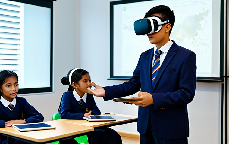 A diverse group of Malaysian students, fully clothed in modest school uniforms, actively engaged in a modern, well-lit digital classroom. One student wears a VR headset, experiencing a simulated historical event from the Melaka Sultanate with holographic traders and royal ceremonies visible around them. Another student uses an AR-enabled tablet, interacting with a floating 3D anatomical model. The environment is clean and organized, showcasing advanced educational technology. safe for work, appropriate content, fully clothed, family-friendly, perfect anatomy, correct proportions, natural pose, well-formed hands, proper finger count, natural body proportions, professional photography, high quality.