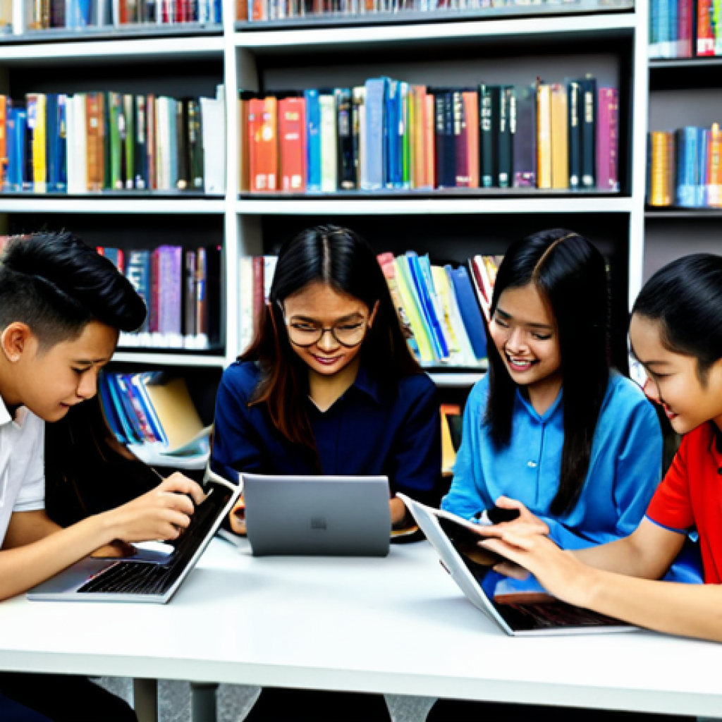 **
A diverse group of Malaysian students, fully clothed in appropriate attire, are collaborating on a project using tablets and laptops in a modern library setting. The scene is well-lit and vibrant, reflecting a focus on 21st-century skills and teamwork. Safe for work, professional, family-friendly, perfect anatomy, natural proportions, high quality.
**