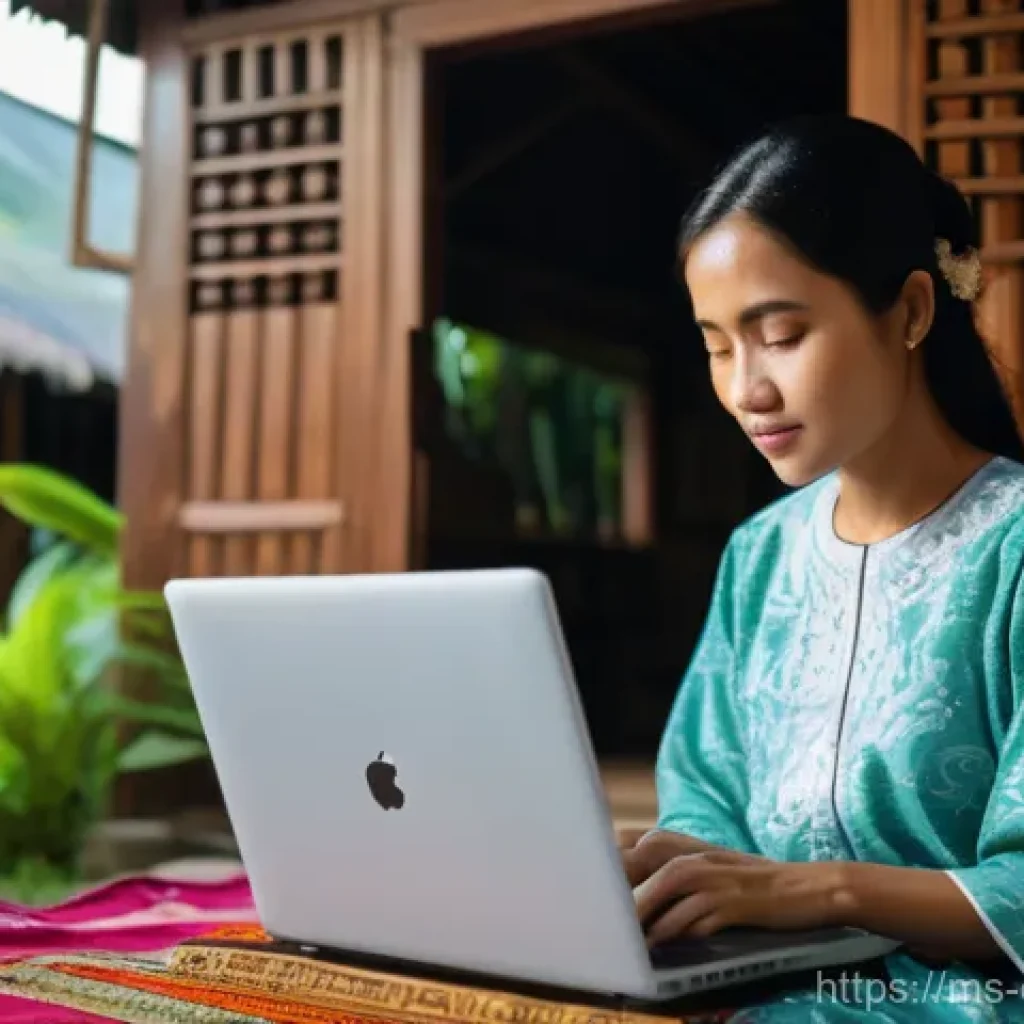온라인 학습의 사회적 영향 - **Prompt:** A heartwarming scene in a rural Malaysian kampung house. A young, determined Malay mothe...