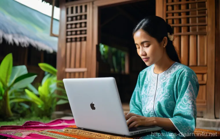 온라인 학습의 사회적 영향 - **Prompt:** A heartwarming scene in a rural Malaysian kampung house. A young, determined Malay mothe...