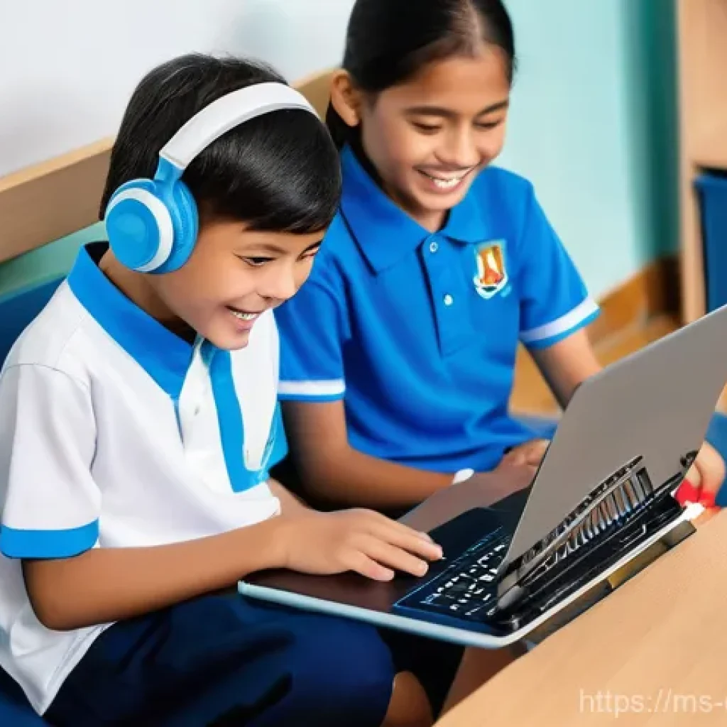 디지털 학습과 보안 - **"A vibrant and diverse group of Malaysian primary school children (ages 7-12) engaged in a hybrid ...