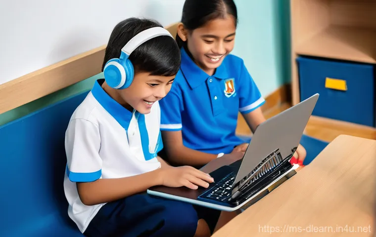 디지털 학습과 보안 - **"A vibrant and diverse group of Malaysian primary school children (ages 7-12) engaged in a hybrid ...