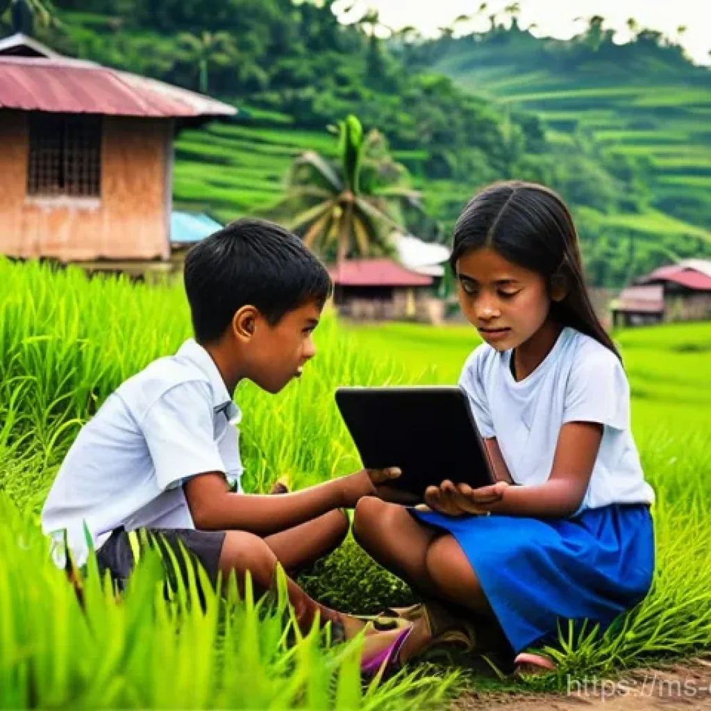 디지털 학습의 인프라 구축 - **Prompt:** A group of diverse Malaysian children, aged 8-12, are sitting on a small, lush green hil...