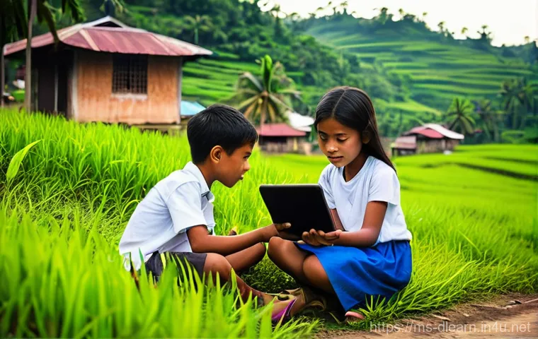 디지털 학습의 인프라 구축 - **Prompt:** A group of diverse Malaysian children, aged 8-12, are sitting on a small, lush green hil...