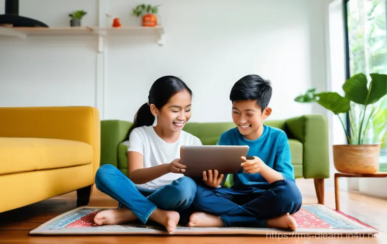 디지털 교육의 창의적 접근 - **Prompt 1: "Engaging Digital Learning at Home"**
A bright, wide-angle shot of a cozy living roo...