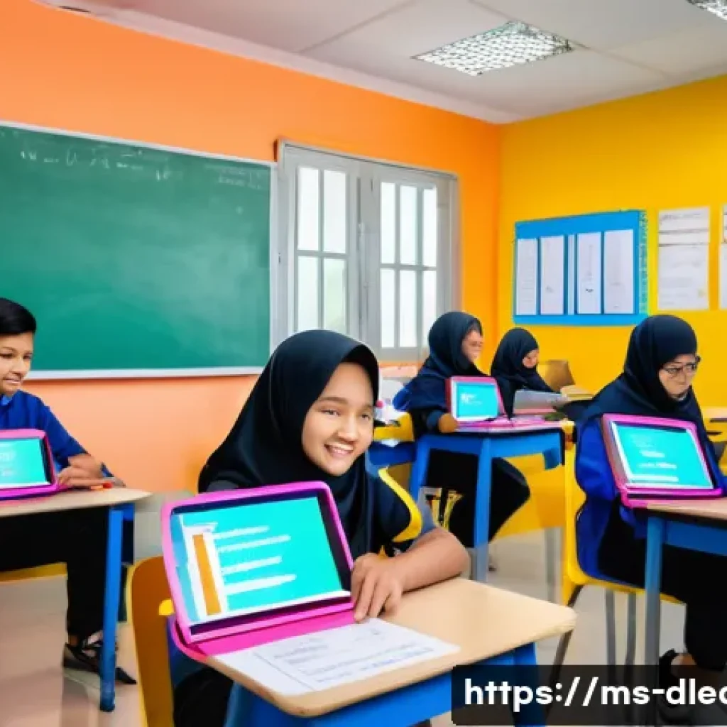 디지털 교육의 평가 도구 개발 - A modern Malaysian classroom scene showing diverse students aged around 12-15 engaging with digital ...