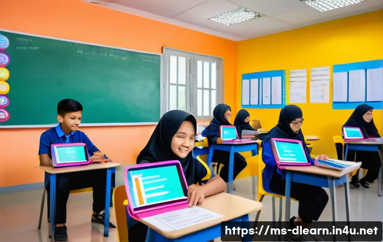 디지털 교육의 평가 도구 개발 - A modern Malaysian classroom scene showing diverse students aged around 12-15 engaging with digital ...