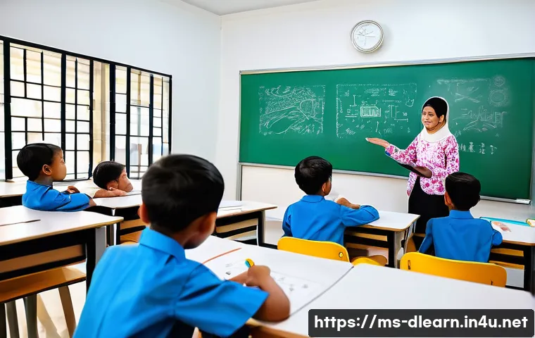 디지털 교육의 글로벌 트렌드 - A modern Malaysian classroom scene with diverse primary school students actively engaging with inter...