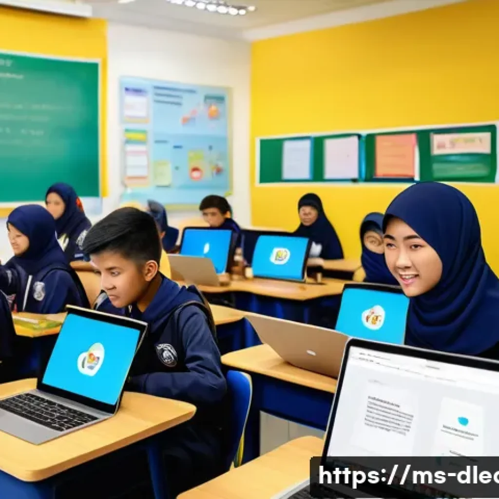 디지털 학습의 온라인 툴 활용 - A vibrant Malaysian classroom scene showing diverse secondary school students actively engaged in an...