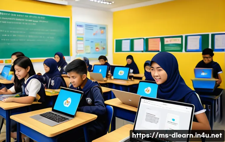 디지털 학습의 온라인 툴 활용 - A vibrant Malaysian classroom scene showing diverse secondary school students actively engaged in an...