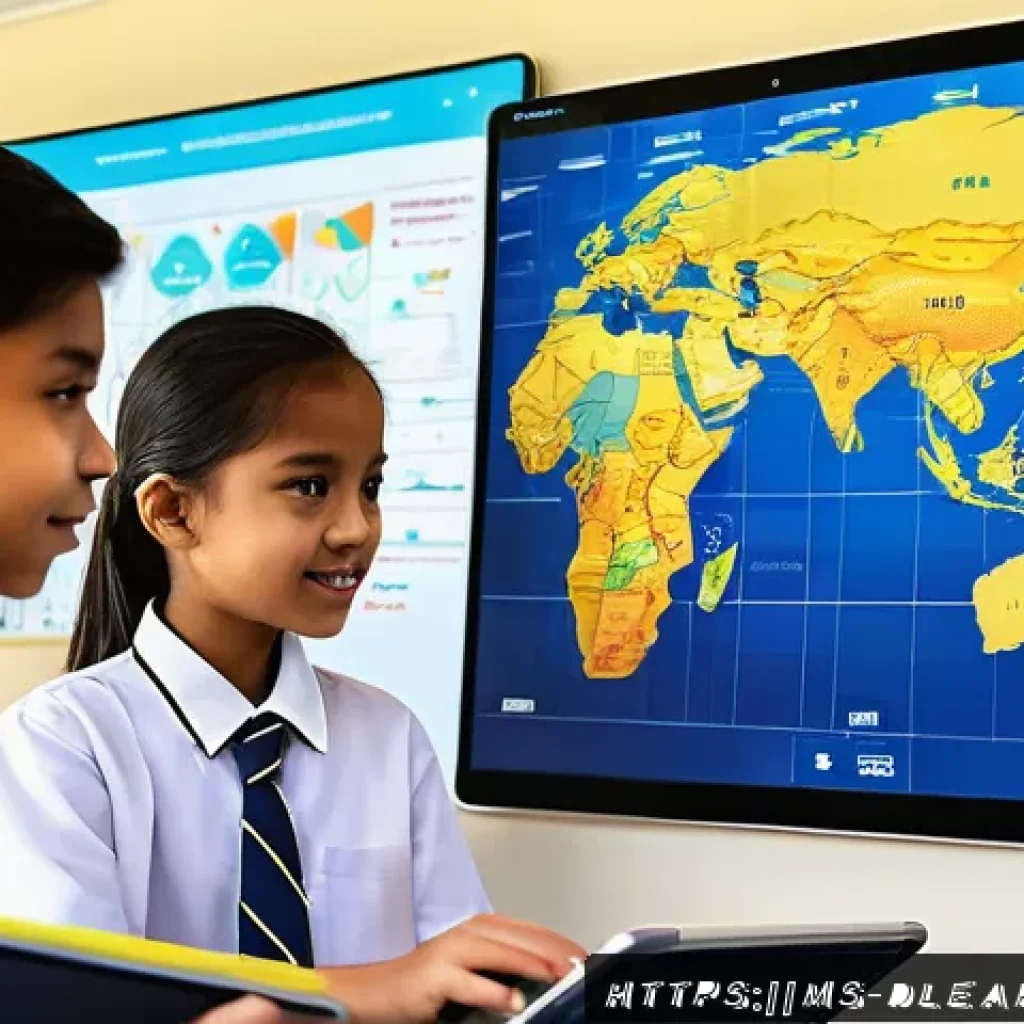 디지털 학습의 가시성 - A bright, modern Malaysian classroom scene showing diverse students in school uniforms engaging with...