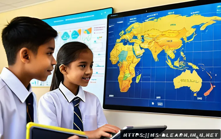 디지털 학습의 가시성 - A bright, modern Malaysian classroom scene showing diverse students in school uniforms engaging with...