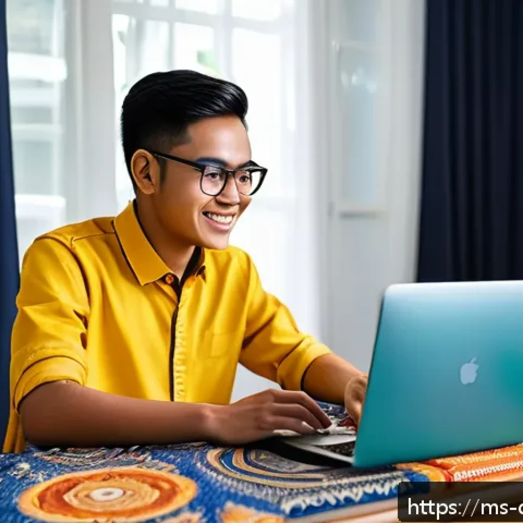 디지털 학습을 위한 기술 혁신 - A modern Malaysian student studying at home using a smartphone and laptop, surrounded by colorful di...