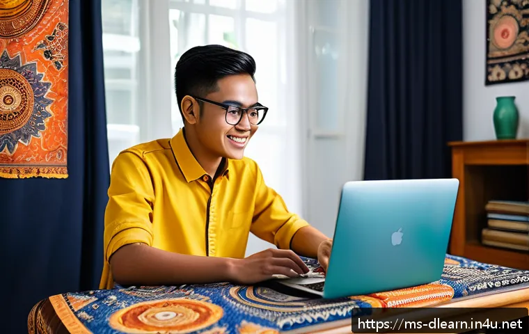 디지털 학습을 위한 기술 혁신 - A modern Malaysian student studying at home using a smartphone and laptop, surrounded by colorful di...