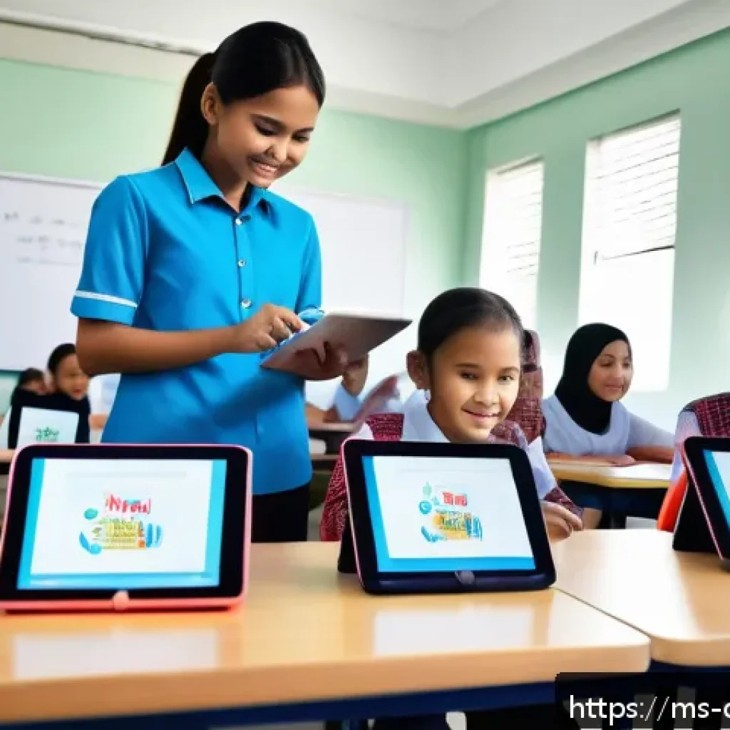기술 혁신을 통한 교육의 변화 - A modern Malaysian classroom scene with diverse students wearing casual clothing and some wearing sc...