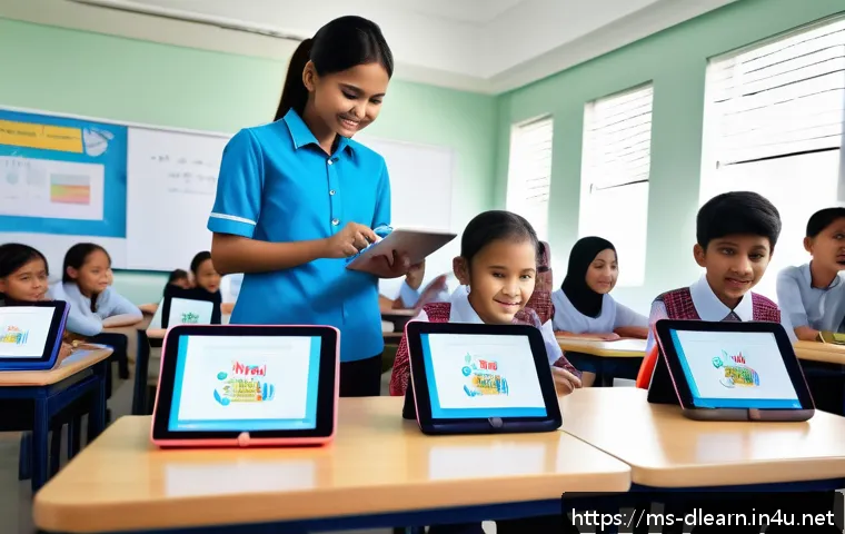 기술 혁신을 통한 교육의 변화 - A modern Malaysian classroom scene with diverse students wearing casual clothing and some wearing sc...
