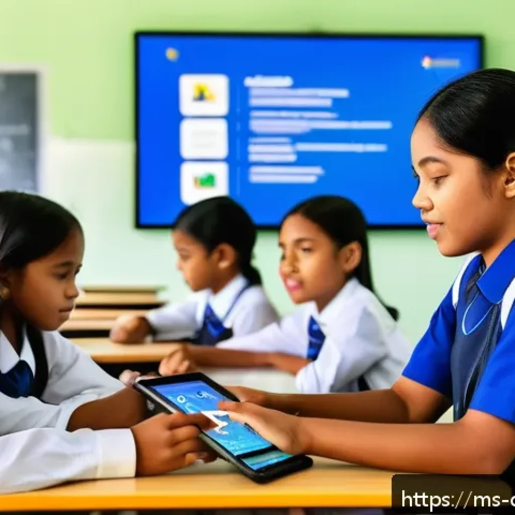 디지털 학습의 기술 혁신 - A Malaysian classroom scene featuring diverse students using smartphones, tablets, and laptops for d...