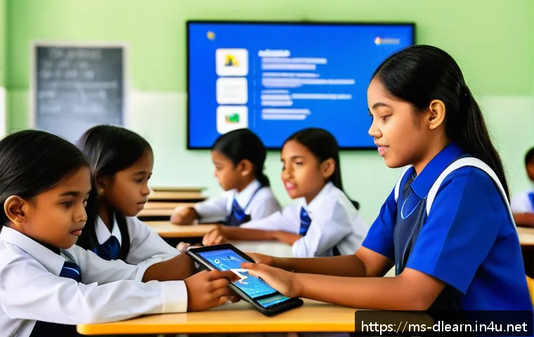 디지털 학습의 기술 혁신 - A Malaysian classroom scene featuring diverse students using smartphones, tablets, and laptops for d...