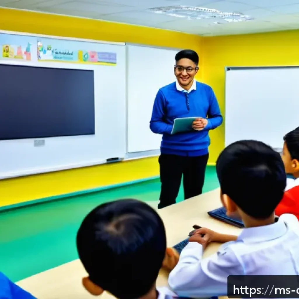디지털 교육의 미래 변화 - A modern Malaysian classroom scene showing diverse students using digital learning platforms like Go...