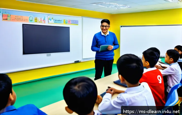 디지털 교육의 미래 변화 - A modern Malaysian classroom scene showing diverse students using digital learning platforms like Go...