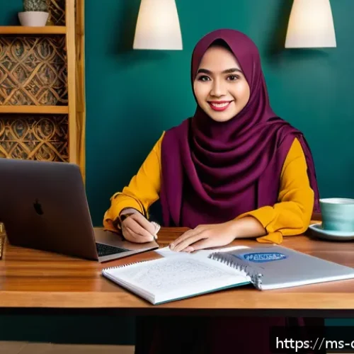 eLearning 인증 - A modern Malaysian home office setup showing a young Malay professional woman in modest casual attir...