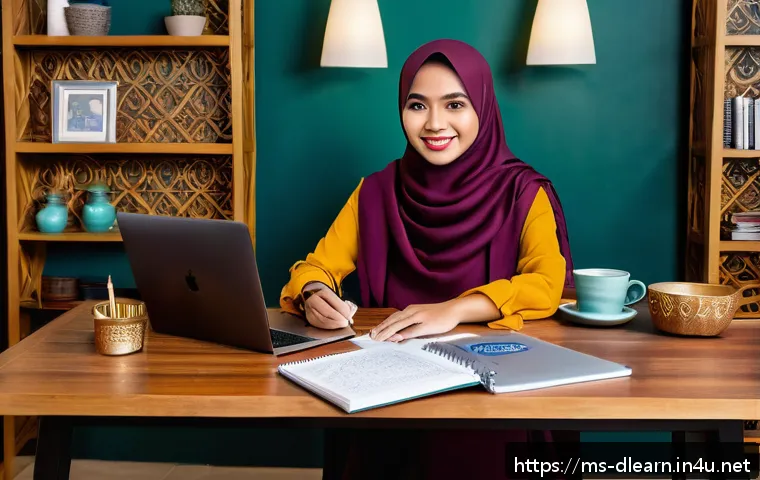 eLearning 인증 - A modern Malaysian home office setup showing a young Malay professional woman in modest casual attir...