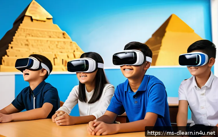 디지털 학습의 글로벌 트렌드 - A modern Malaysian classroom scene showing diverse students using virtual reality headsets to explor...