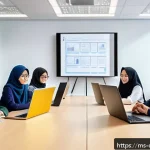 디지털 학습의 상호작용 - A vibrant virtual classroom scene showing a diverse group of Malaysian students attentively particip...