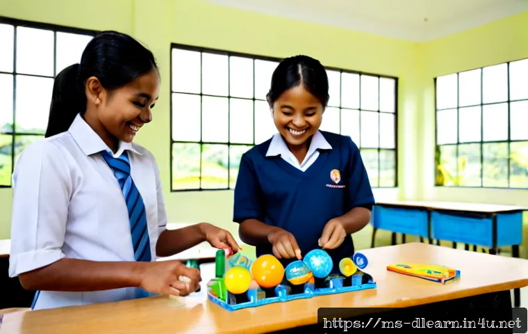 Home 17 디지털 학습의 창의적 접근법 - Photorealistic Malaysian primary school classroom, a smiling teacher guiding three diverse children ...