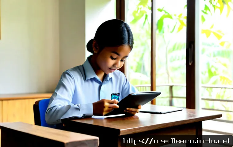 디지털 학습과 뇌 과학 - Photorealistic Malaysian secondary school student using a tablet for digital learning at a clean woo...