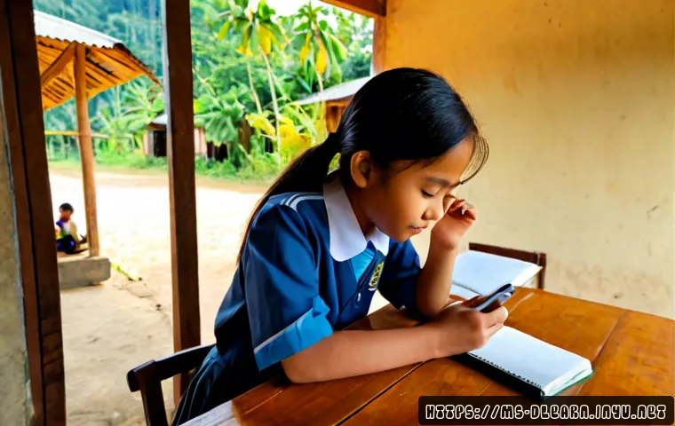 Home 17 디지털 교육의 접근성 문제 - Photorealistic rural Malaysian schoolgirl in modest school uniform sitting at a wooden table in a si...